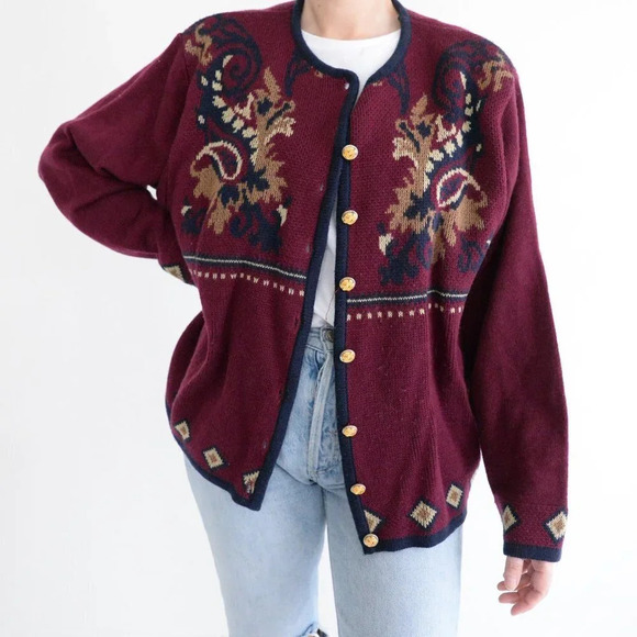 Vintage TanJay Maroon Button Up Cardigan Knit  Sweater Size Large - Picture 1 of 12